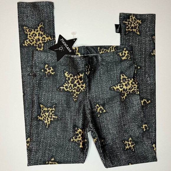 NWT PixieLane Girls Leggings Denim Leopard Stars - Picture 2 of 2